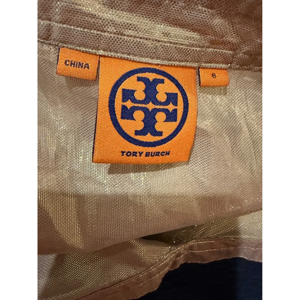Tory Burch caspian Lame Metallic Silk Blend V-Neck Tunic Blouse Womens 6 s m